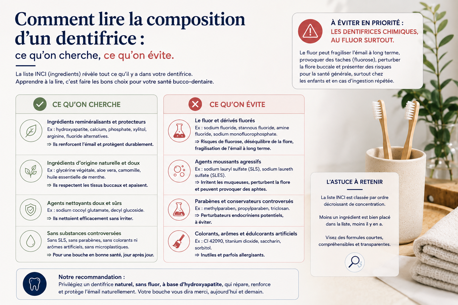 Comment lire la composition d'un dentifrice : ce qu'on cherche, ce qu'on évite